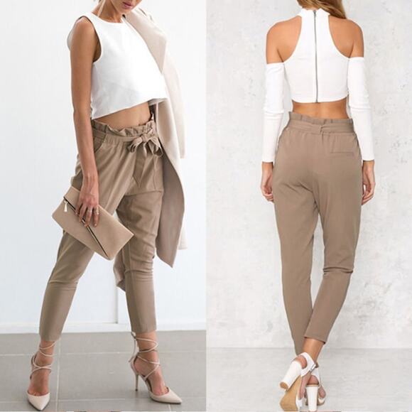 NWT Tan Belted Paperbag Pants Womens L Crop High Waisted Pleated Clean Girl - Picture 2 of 6